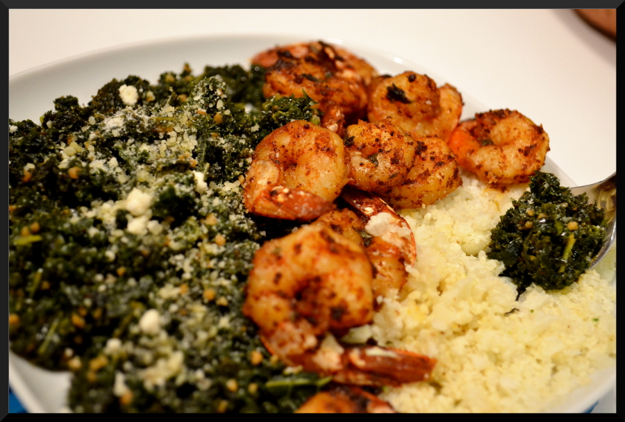 Spicy Shrimp & Cauliflower Mash with Savory Garlicked Kale